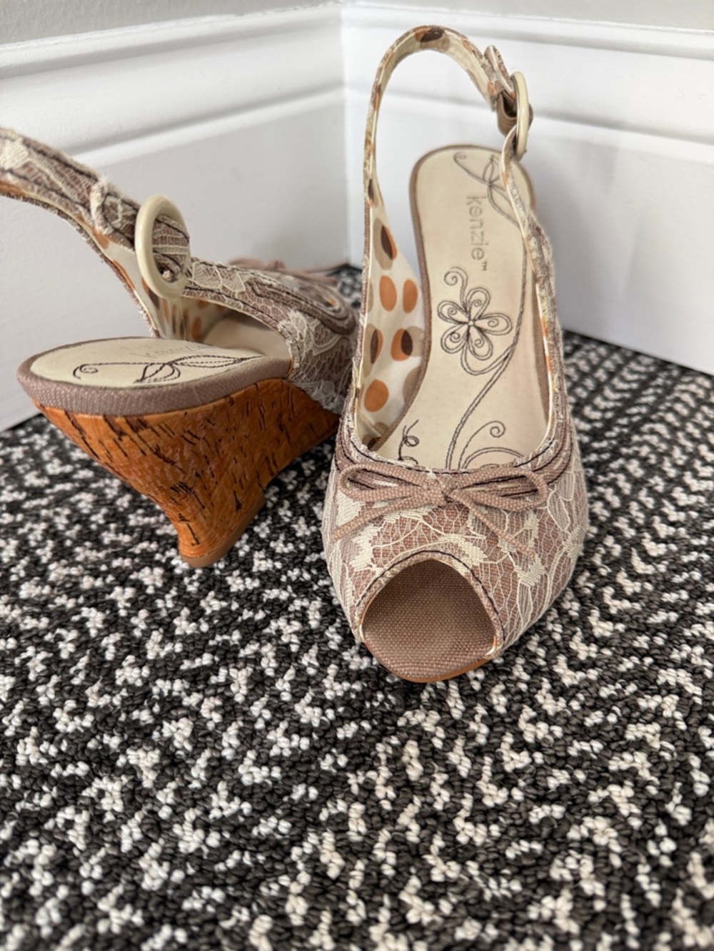 Kenzie Lace Peep-Toe Slingback Wedges in Taupe